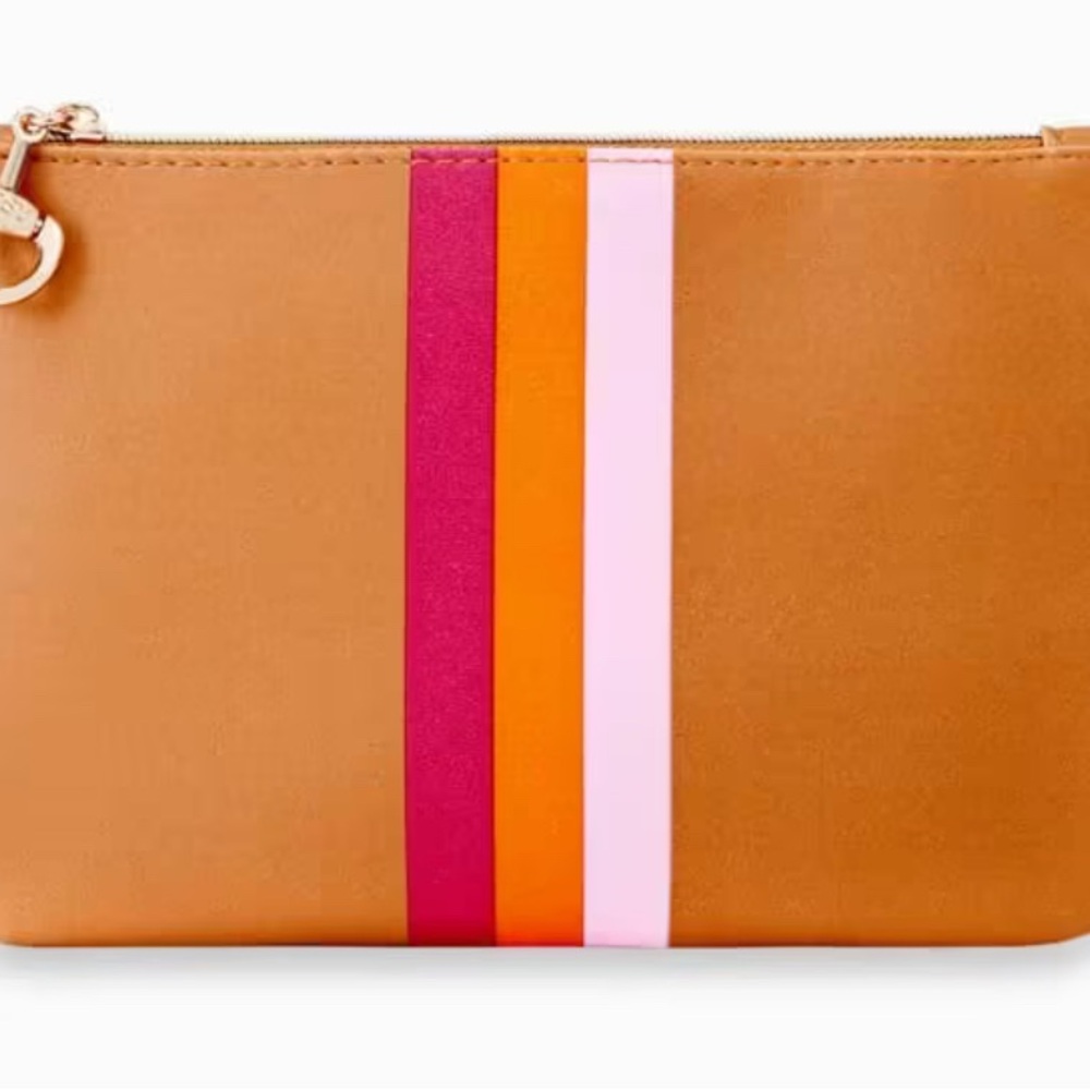 Ipsy Tan Clutch with Pink and Orange Stripes
